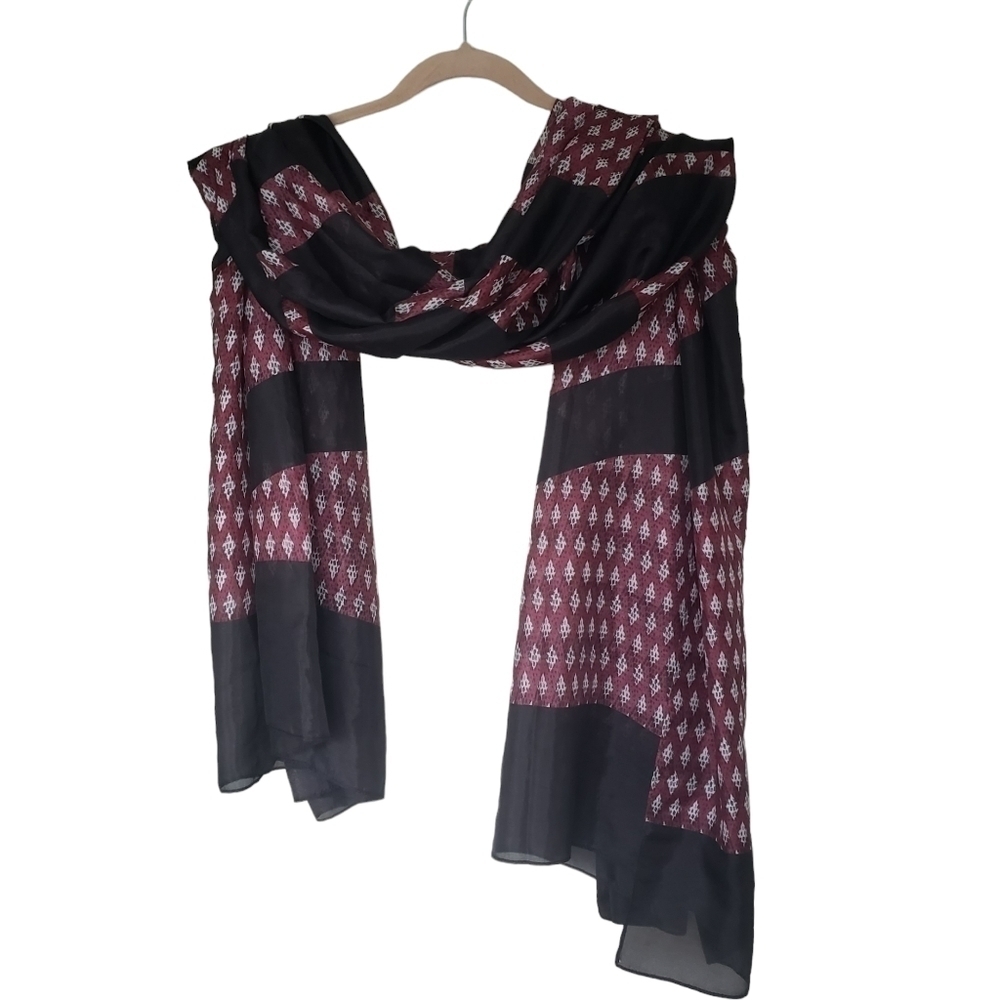 Opus Germany Large Silk Scarf Black Burgundy White Geo Print